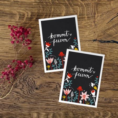 kommt feiern Postkarte im floralen folklore Design, schwarz, bunt